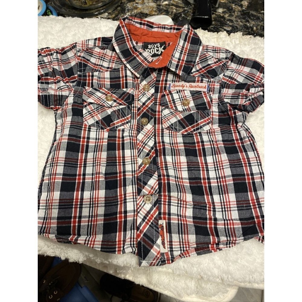 t baby BOYS ROCK casual button front plaid multi color short sleeve shirt 24 mo